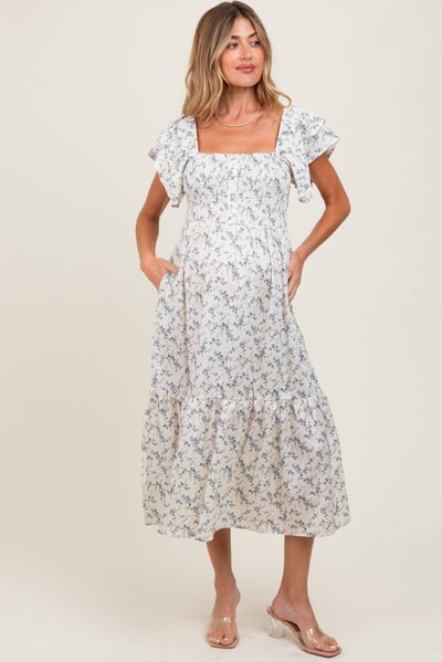 PinkBlush Ivory Floral Smocked Flutter Sleeve Maternity Midi Dress