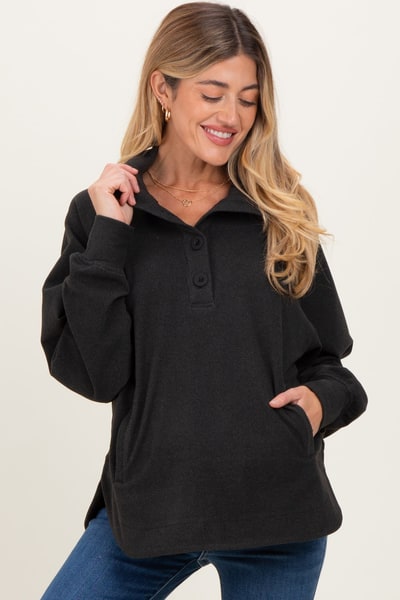 PinkBlush Black Brushed Knit Button Collar Maternity Pullover