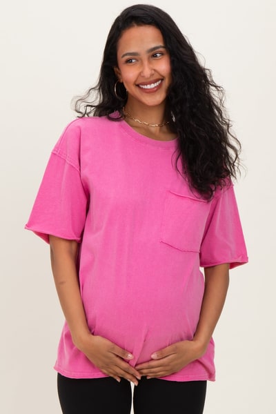 PinkBlush Fuchsia Vintage Wash Raw Edge Pocket Maternity T-Shirt
