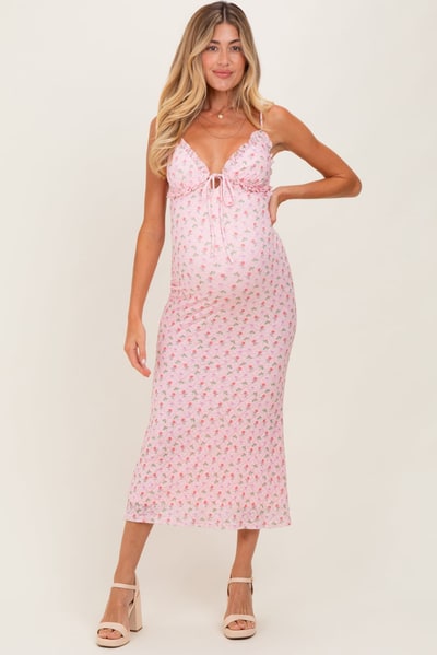 PinkBlush Light Pink Rose Print Jacquard Front Tie Cutout Maternity Maxi Dress