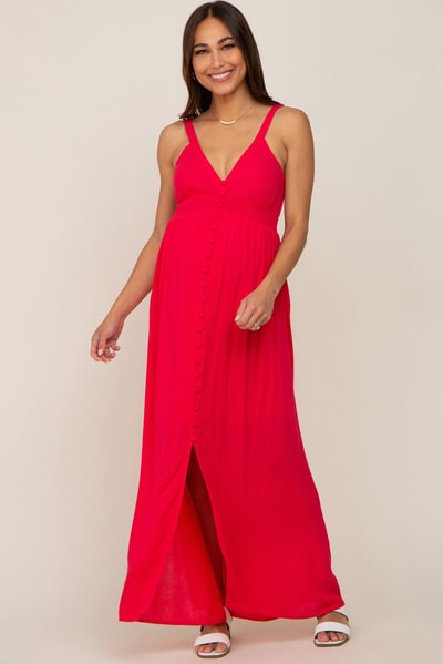 PinkBlush Fuchsia Button Front Accent Maternity Maxi Dress