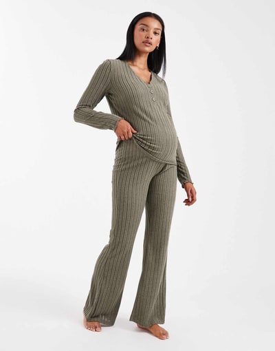 ASOS Mamalicious Maternity super soft rib knit flared pants in khaki - part of a set