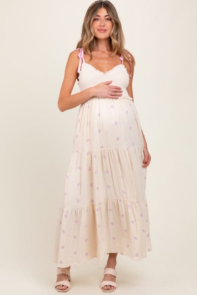 PinkBlush Cream Embroidered Smocked Shoulder Tie Maternity Maxi Dress