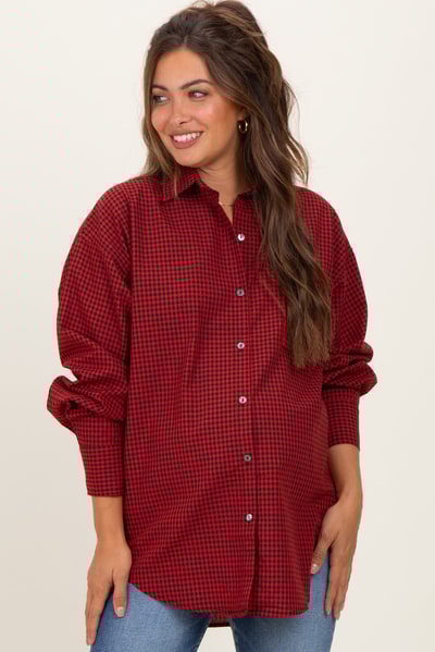 PinkBlush Red Plaid Linen Blend Maternity Button Down Shirt