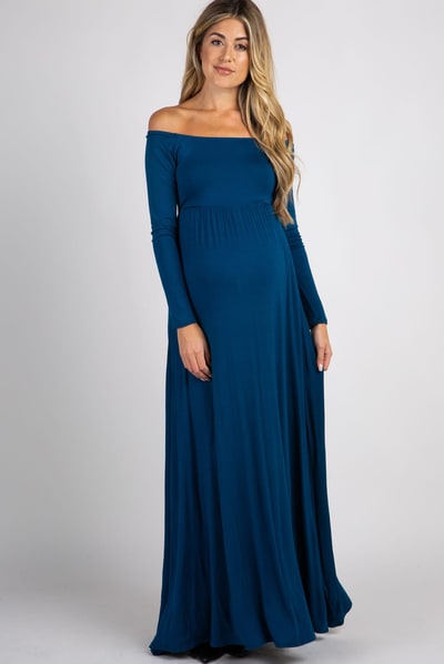 PinkBlush PinkBlush Dark Teal Solid Off Shoulder Maternity Maxi Dress
