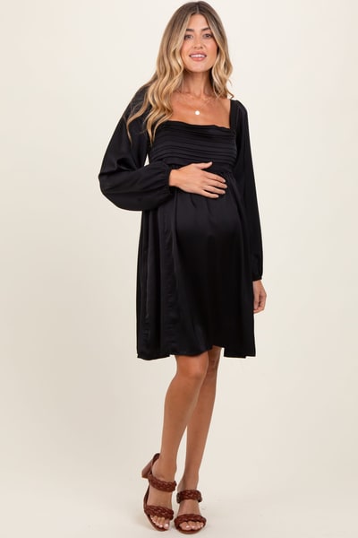 PinkBlush Black Satin Pleated Detail Bodice Maternity Dress