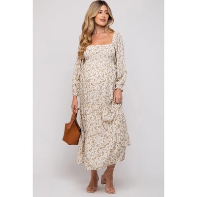 Target PinkBlush Cream Floral Smocked Long Sleeve Maternity Maxi Dress Cream Small