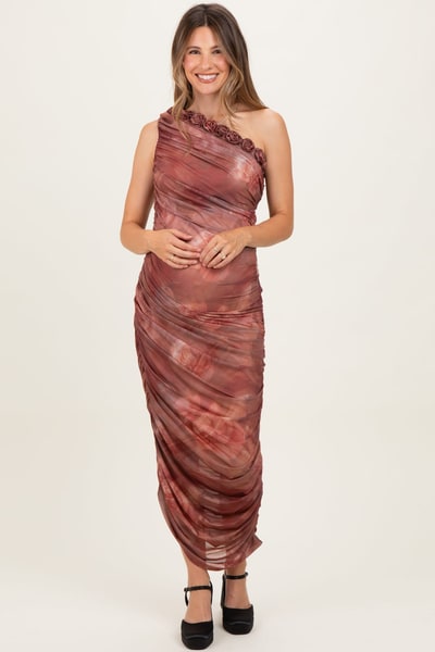 PinkBlush Rust Floral Ruched Rosette One-Shoulder Maternity Midi Dress