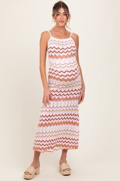 PinkBlush Salmon Pointelle Chevron Knit Open Back Maternity Midi Dress