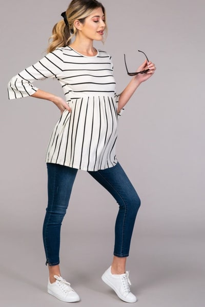 PinkBlush PinkBlush Ivory Striped Peplum Ruffle Maternity Top