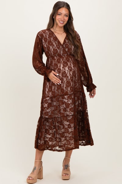 PinkBlush Brown Floral Lace Long Sleeve V-Neck Maternity Maxi Dress
