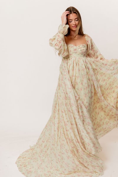 Worth Collective Delilah Maxi Dress with Train in Vintage Floral - Bump Friendly