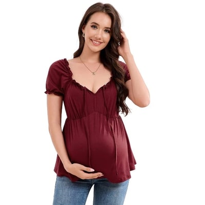 Target BLUEMING Womens Maternity Pregnancy Tops Square Neck Tie Front Ruched Ruffle Short Sleeve Summer T-Shirts, Dark Red - 2XL