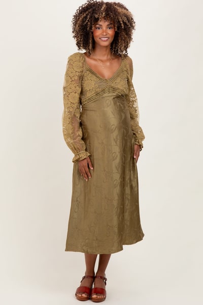 PinkBlush Olive Lace Jacquard Long Sleeve Maternity Midi Dress