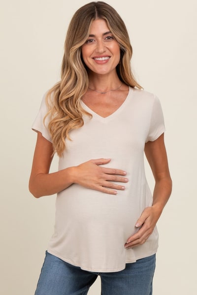 PinkBlush Beige Basic V-Neck Short Sleeve Maternity Top
