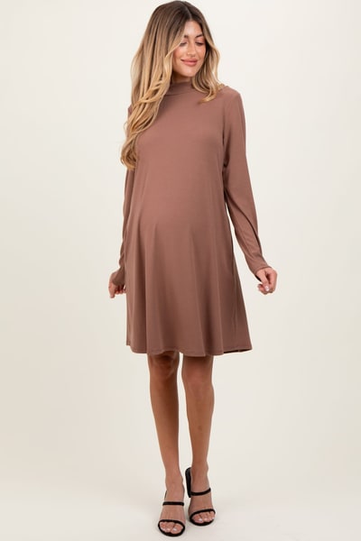 PinkBlush Mocha Ribbed Mock Neck Long Sleeve Basic Maternity Dress