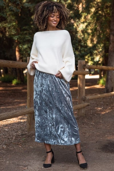 PinkBlush Blue Velvet Crinkled Maternity Midi Skirt
