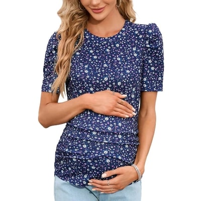 Target Maternity Shirts Casual Floral Print Tops Pregnancy Puff Short Sleeve Striped Ruched Side Tunic Top