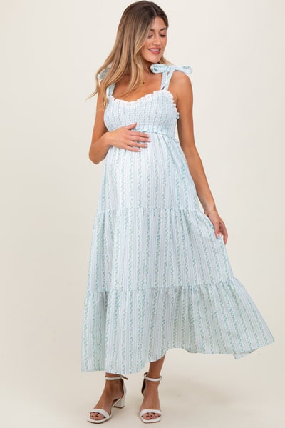 PinkBlush Blue Floral Striped Smocked Shoulder Tie Maternity Maxi Dress