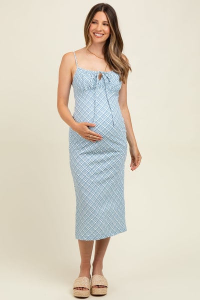 PinkBlush Blue Textured Plaid Drawstring Neck Maternity Midi Dress