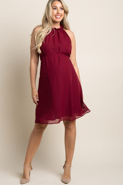 PinkBlush Burgundy Chiffon High Neck Maternity Dress
