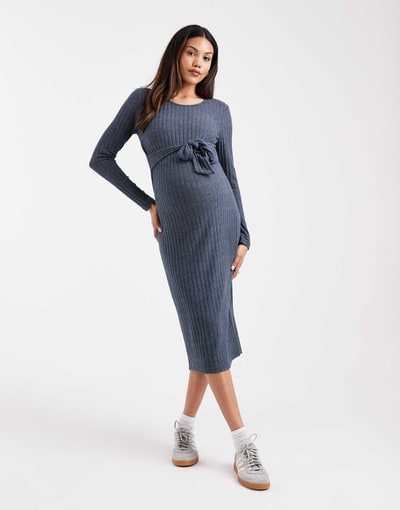 ASOS Mamalicious Maternity long sleeve tie front midi dress in heathered navy