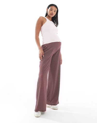 ASOS Mamalicious Maternity jersey ribbed wide leg pants in red and cream stripes