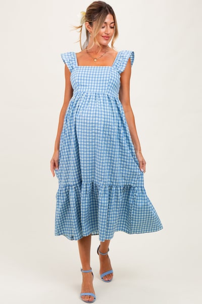 PinkBlush Blue Gingham Ruffle Strap Maternity Midi Dress