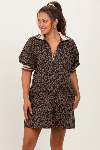 PinkBlush Mocha Animal Print Quarter Zip Puff Sleeve Maternity Mini Dress