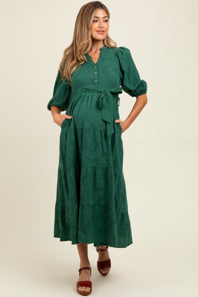 PinkBlush Forest Green Floral Jacquard Button Front Tiered Maternity Dress