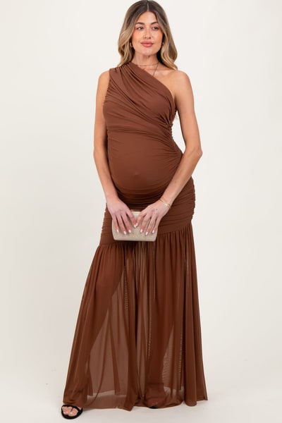 PinkBlush Mocha Ruched Mesh One Shoulder Maternity Maxi Dress