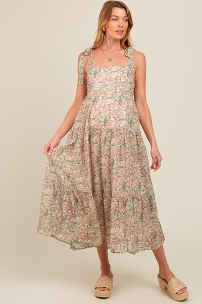 PinkBlush Cream Floral Shoulder Tie Tiered Maternity Maxi Dress