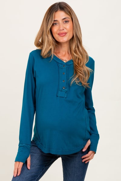 PinkBlush Teal Long Sleeve Exposed Seam Maternity Top