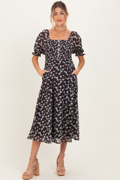 PinkBlush Brown Floral Smocked Puff Sleeve Maternity Midi Dress