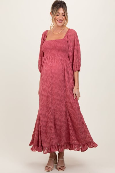 PinkBlush Mauve Textured Overlay Smocked Ruffled Hem Maternity Maxi Dress