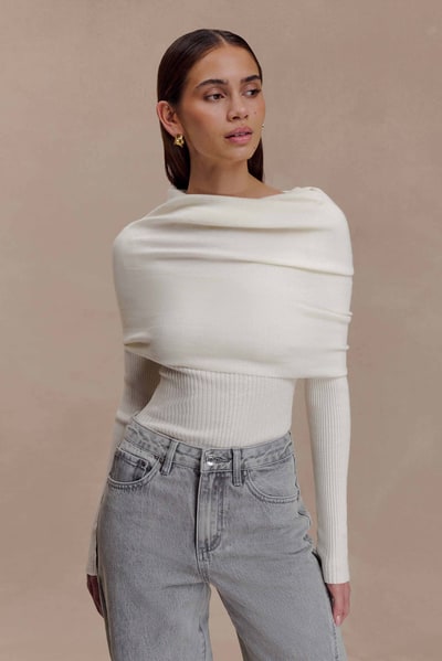 MESHKI Mazie Asymetrical Cashmere Blend Long Sleeve Knit Top