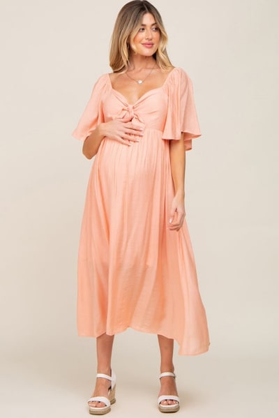 PinkBlush Peach Front Tie Ruffle Sleeve Maternity Midi Dress