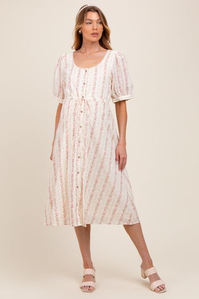 PinkBlush Light Pink Swiss Dot Floral Print Button Down Maternity Midi Dress
