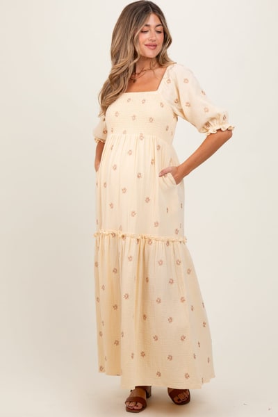 PinkBlush Cream Floral Smocked Puff Sleeve Maternity Maxi Dress