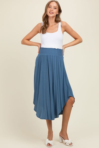PinkBlush Blue Smocked Waist Rounded Hem Maternity Midi Skirt