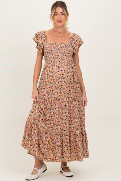 PinkBlush Camel Floral Off Shoulder Smocked Maternity Maxi Dress
