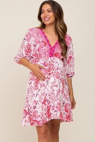 PinkBlush Magenta Floral Border Print Maternity Dress