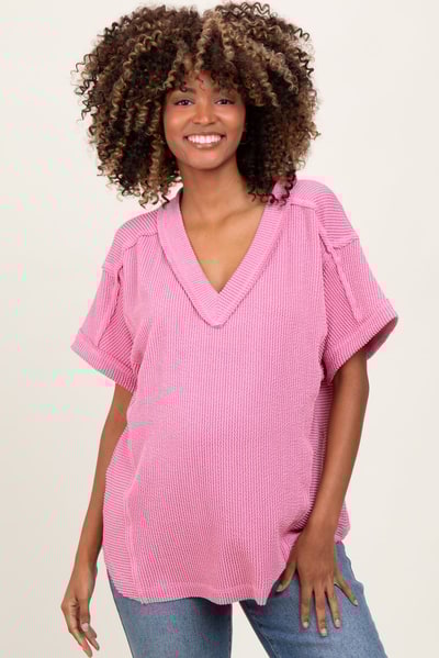 PinkBlush Pink Ribbed Raw Hem Maternity Short Sleeve Top