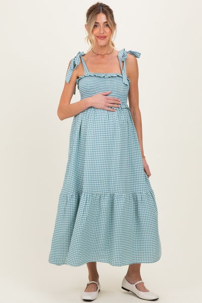 PinkBlush Blue Gingham Smocked Shoulder Tie Maternity Midi Dress