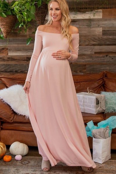 PinkBlush PinkBlush Petite Pink Solid Off Shoulder Maternity Maxi Dress