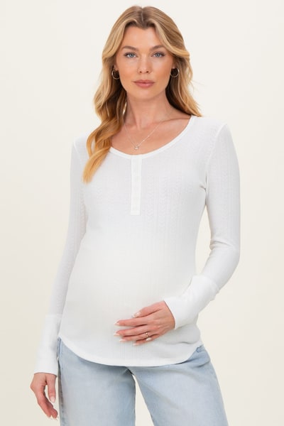 PinkBlush White Pointelle Knit Maternity Henley Top