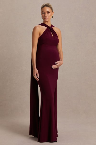 Club L London Lyra | Burgundy Cross Halter-Neck Maternity Maxi Dress With Cape