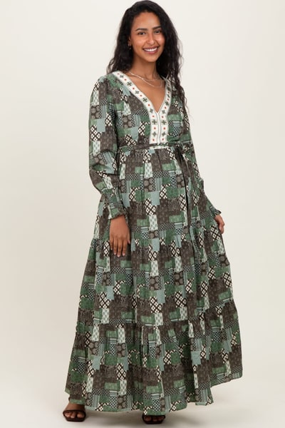 PinkBlush Olive Patchwork Print Tiered Long Sleeve Maternity Maxi Dress