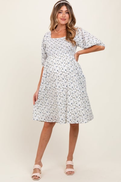 PinkBlush White Floral Smocked Maternity Midi Dress