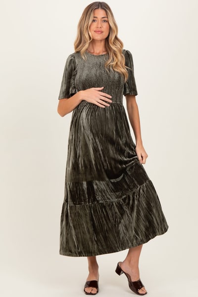PinkBlush Olive Smocked Velvet Maternity MIdi Dress